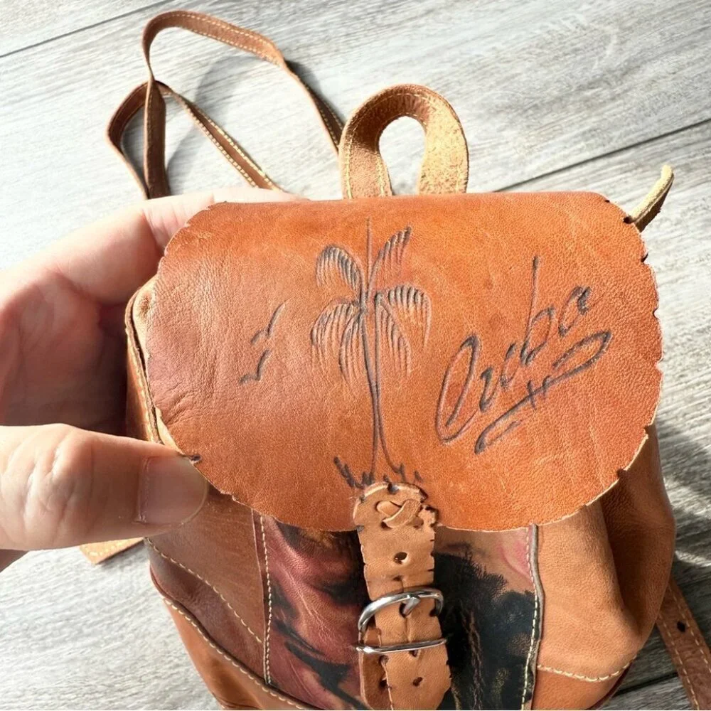 Cognac Tooled Brown Leather Backpack Brown Leather